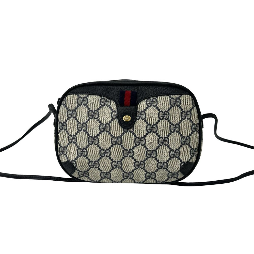 GUCCI Vintage Sherry Line GG Logo Leather Shoulder Bag, Navy, Size 27-10